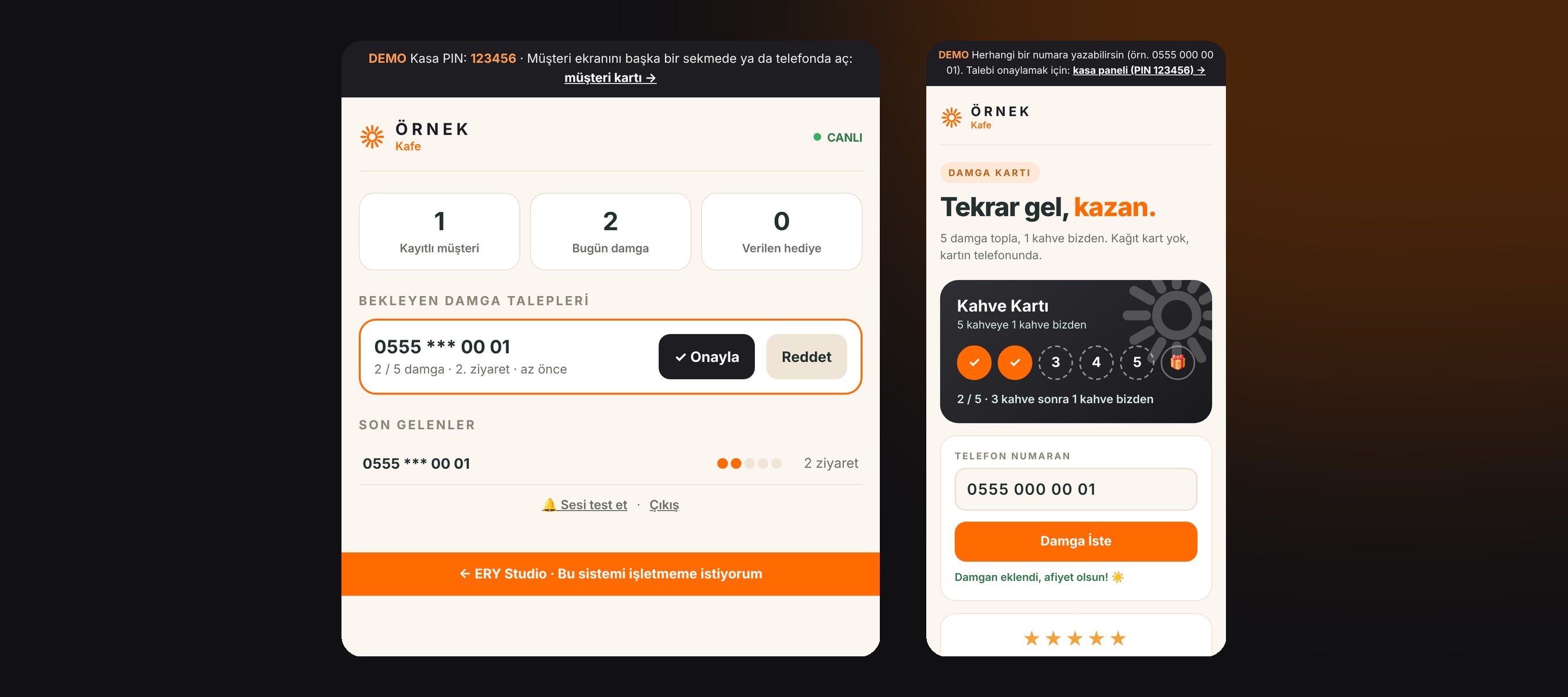 Dijital damga kartı: kasa paneli ve müşteri ekranı